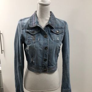 Denim blue jacket with custom embroidery and mermaid pendant